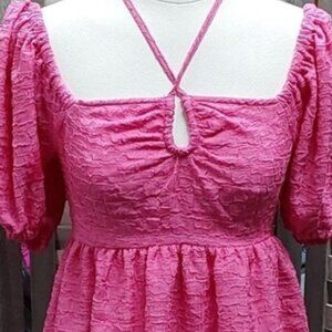 FUTURE COLLECTIVE PINK FLOWY KEYHOLE TIE SQUARE-NECK TOP- SIZE 1X